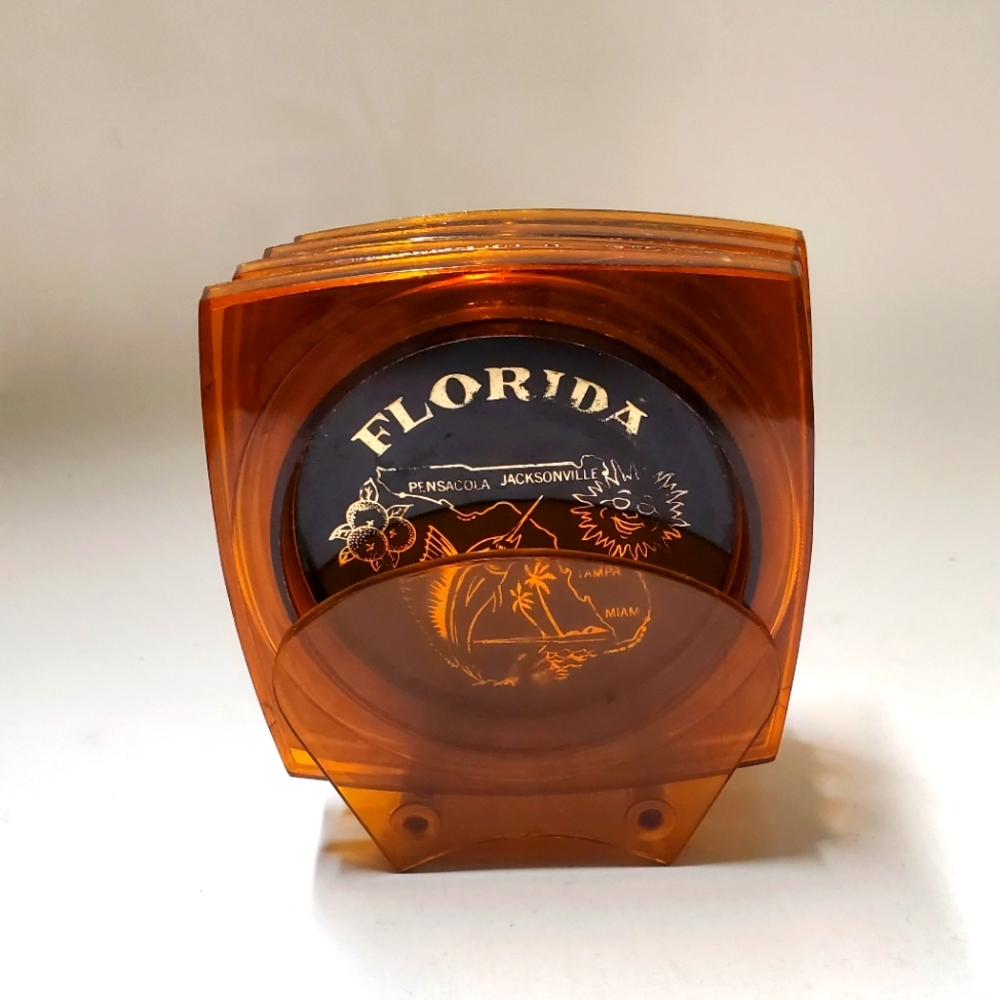 Vintage Amber Lucite Florida Coasters in Holder Coastal Barware Cottagecore MCM